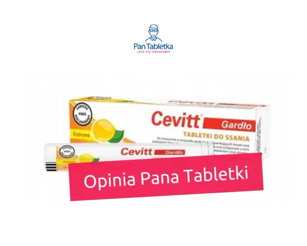 Opakowanie tabletek na ból gardła Cevitt Gardło o smaku cytrynowym.