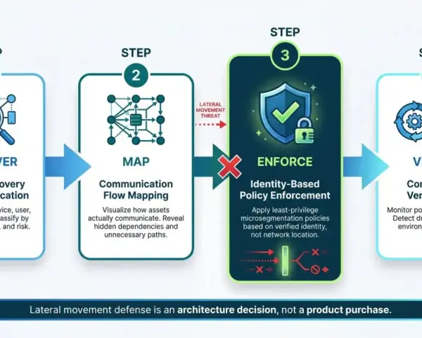 Four steps to prevent lateral movement: Discover assets, Map communication, Enforce identity-based policies, and Verify continuously.
