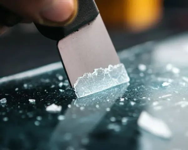 A scraper is used to remove adhesive from acrylic, leaving behind small white fragments.