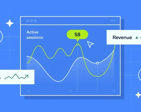 A network optimizer dashboard shows active sessions at 58, 23% growth, and 12% revenue increase.