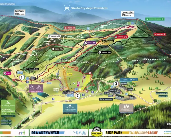 Mapa ośrodka narciarskiego i rowerowego Czarna Góra w Polsce. Widoczne trasy zjazdowe, rowerowe, wyciągi, schroniska i hotele.