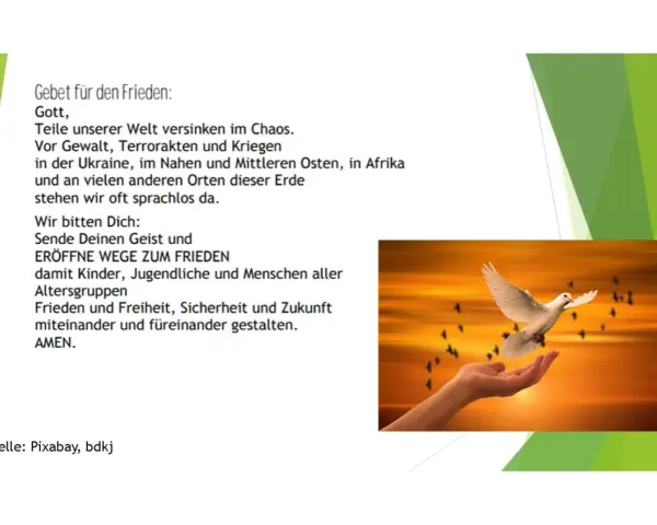 Friedensgebete Vorlagen: Eine Taube fliegt aus einer Hand in den Sonnenuntergang, umgeben von anderen Vögeln. Ein Gebet für Frieden und Freiheit.