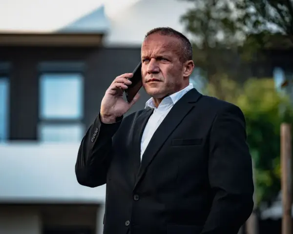 Krzysztof Bukowski, reżyser, w garniturze rozmawia przez telefon.