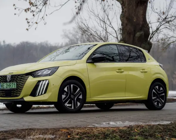 Żółty Peugeot e-208 stoi na tle drzew i zimowego krajobrazu.