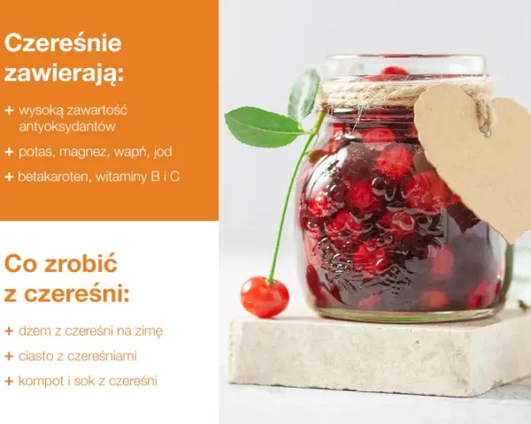 Słoik pełen czereśni, idealny na dżem, ciasto, kompot lub sok. Dowiedz się, co zrobić z czereśni!