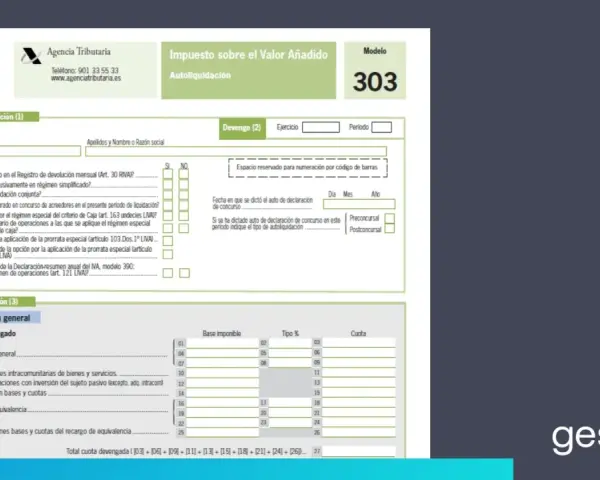 Formulario Modelo 303 para la autoliquidación del IVA. Incluye campos para datos de identificación, devengo y liquidación, con secciones para el IVA devengado y recargo de equivalencia. Las iva trimestral fechas se refieren al periodo de devengo.