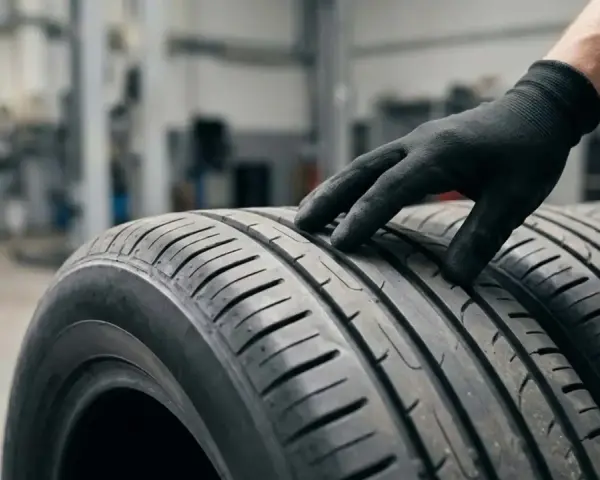 Mano guantata esamina il battistrada di pneumatici nuovi, un dettaglio importante per capire quali pneumatici scegliere per la tua auto.