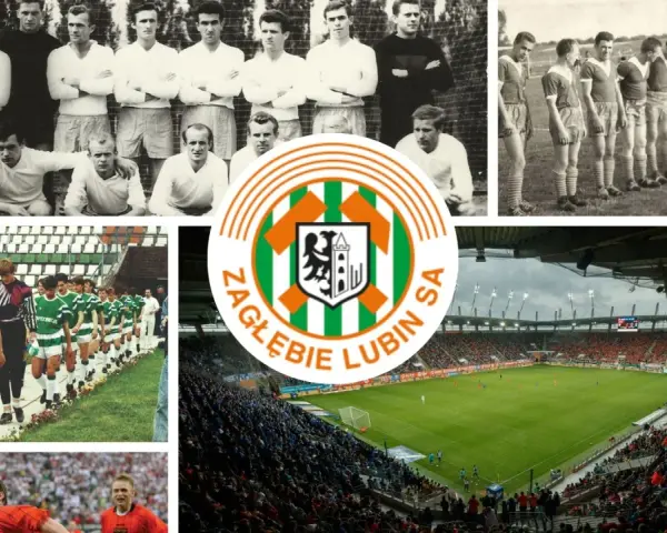 Kolaż zdjęć z historią MKS Zagłębie Lubin: drużyny w różnych latach, herb klubu i stadion pełen kibiców.