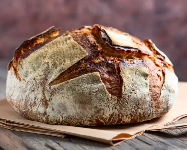 Pane fatto in casa con lievito di birra, croccante fuori e morbido dentro, pronto per essere gustato.