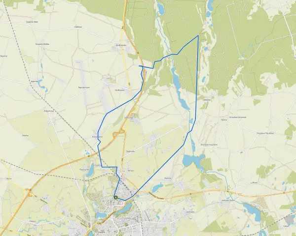 Mapa z zaznaczonymi trasami rowerowymi Gniezno i okolicami. Pętla prowadzi przez malownicze tereny, lasy i wsie.