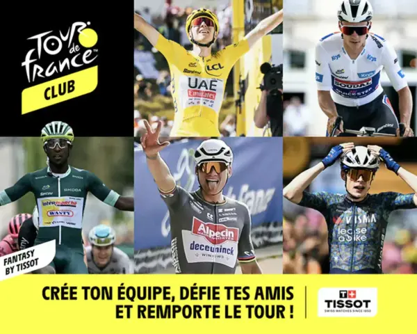 Tour de France Club logo and cyclists in action. Build your fantasy team and win the tour!