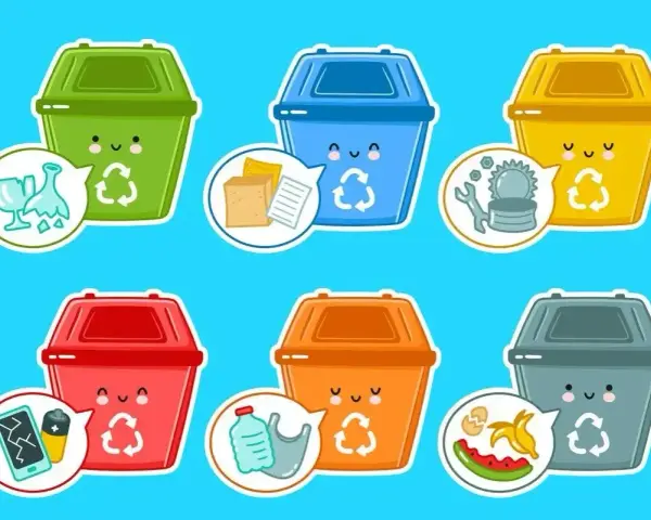 Jak narysować kosz na śmieci? Sześć kolorowych, uśmiechniętych koszy na śmieci z symbolami recyklingu i przykładami odpadów.