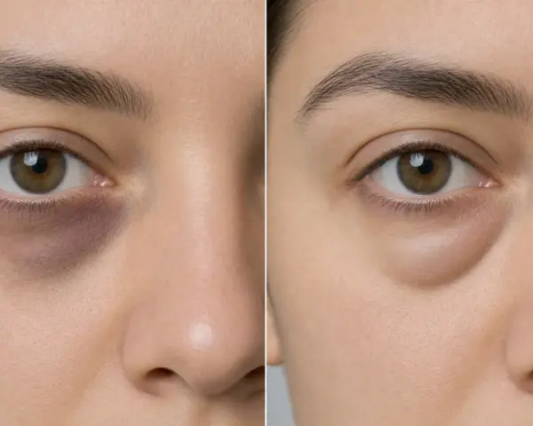 Comparación de ojos: antes con ojeras oscuras y bolsas, después con piel más lisa y clara. Muestra cómo tratar porque salen ojeras.
