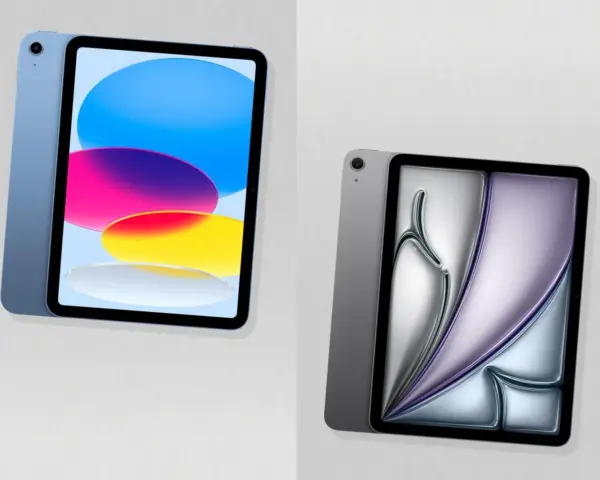 Zwei iPads nebeneinander: eines in Blau mit bunter Anzeige, das andere in Grau mit abstrakter Anzeige.