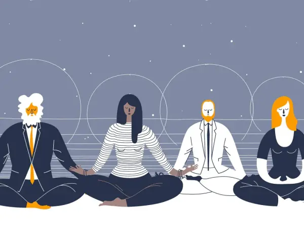 Four people in business attire meditate under a starry sky, finding peace and living a quiet life.