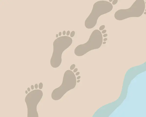 Un dibujo de huellas de pies en la arena, que se adentran en el mar azul.