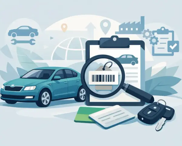 Blauer Skoda mit Lupe auf Barcode-Etikett, Schlüssel und Dokumente. Prüfen der pr nummer skoda für Qualität.