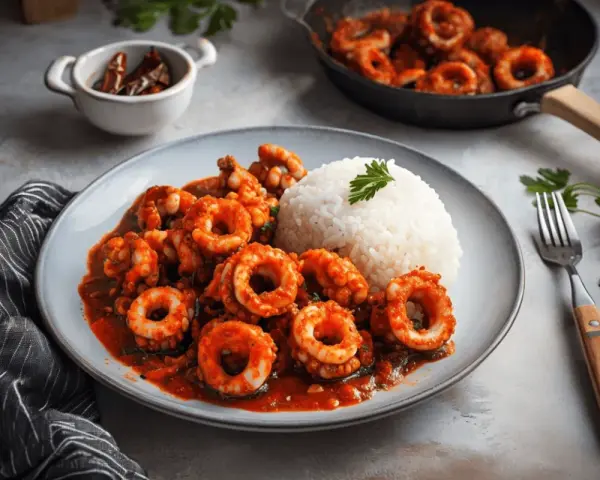 Calamares en salsa roja, servidos con arroz blanco y decorados con perejil. Un plato delicioso y apetitoso.