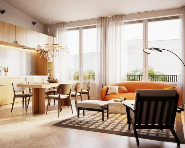Nowoczesny salon z jadalnią i kuchnią, idealny do kursu wizualizacji architektonicznych. Jasne drewno, pomarańczowa sofa i designerska lampa.