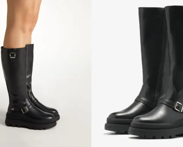 Botas negras de altura de caña con hebillas y suela gruesa.