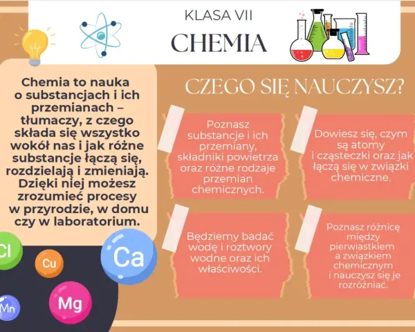 W 7 klasie poznasz substancje, atomy, cząsteczki, pierwiastki i związki chemiczne. Dowiesz się, jak powstają i jakie mają właściwości.