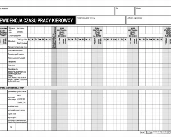 Formularz ewidencyjny czasu pracy kierowcy, służący do śledzenia godzin pracy i przerw. Aplikacja do zarządzania czasem pracy kierowcy.