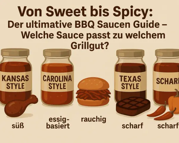 Vier BBQ Saucen: Kansas (süß), Carolina (essigbasiert), Texas (scharf) und eine scharfe Sauce, daneben Grillgut.