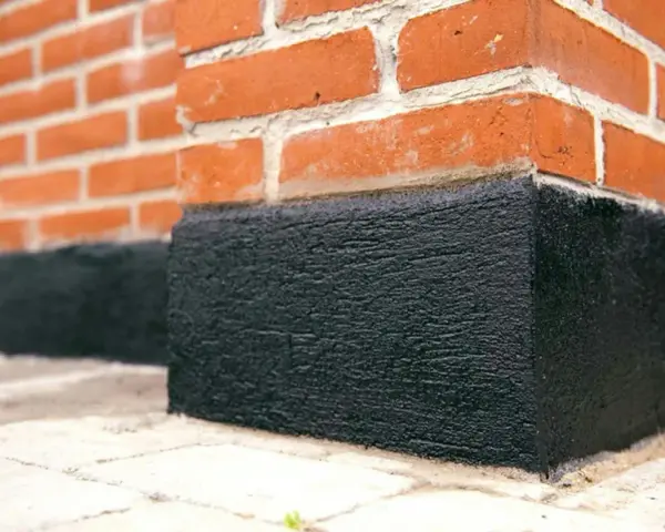 När man ska putsa sockel på ett tegelhus är det viktigt med ett bra skydd. Denna svarta, grova yta skyddar mot fukt.