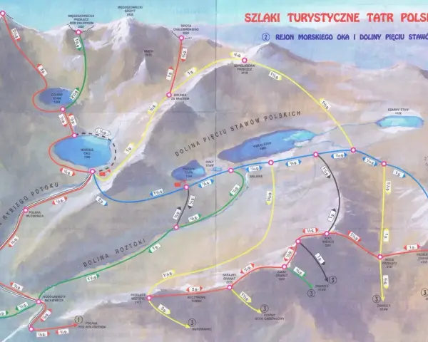 Mapa szlaków turystycznych Tatr: Rejon Morskiego Oka i Doliny Pięciu Stawów Polskich. Kolorowe linie pokazują trasy, punkty i czasy przejścia.
