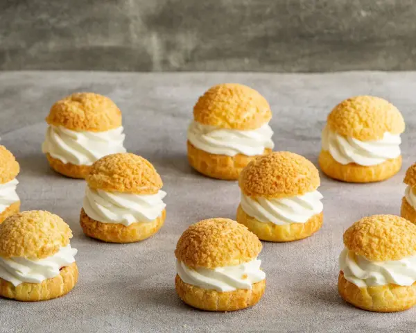 Douzaines de délicieux choux à la crème, garniture généreuse de crème fouettée, sur fond gris.