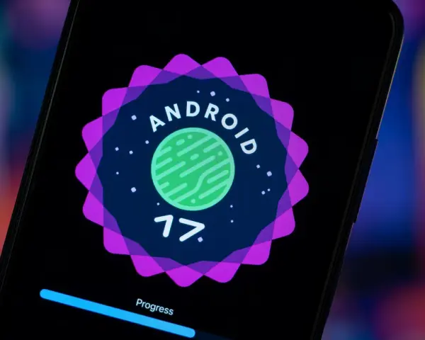 Logo Android 17 na ekranie telefonu, zapowiadające nowe wersje androida. Postęp aktualizacji w toku.