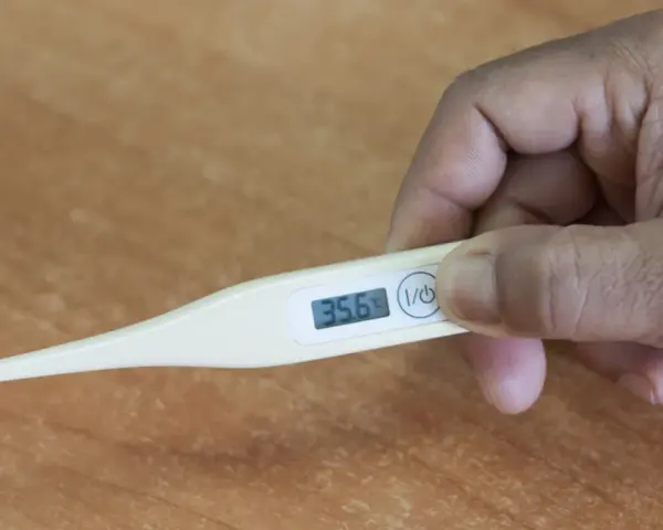 Dłoń trzyma termometr, który pokazuje 35.6°C. To niska temperatura, która może być objawem problemów zdrowotnych, np. podczas choroby covid.