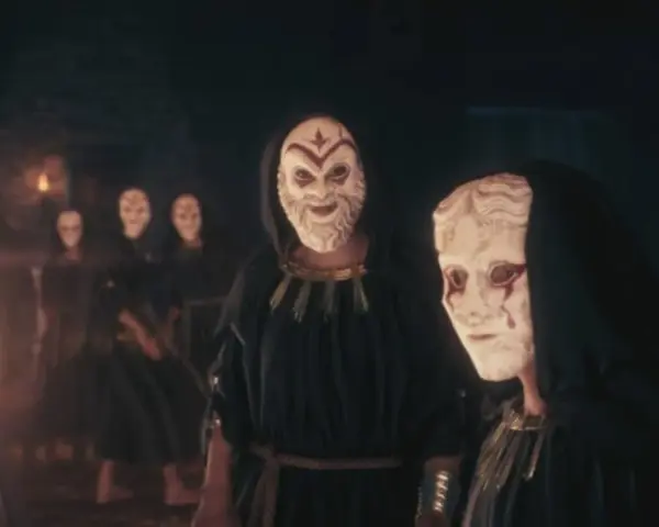 Miembros del culto de Kosmos, con túnicas oscuras y máscaras blancas, se reúnen ante un objeto piramidal brillante.
