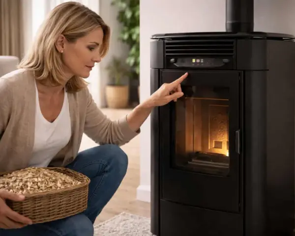 Femme vérifiant l'alarme température fumée sur son poêle à granulés. Elle tient un panier de pellets.