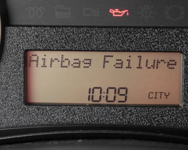 Na desce rozdzielczej świeci się kontrolka poduszki powietrznej z napisem "Airbag Failure". Obok widnieje godzina 10:09 i napis CITY.