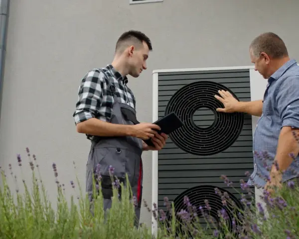 Technik z tabletem i klient przy pompie ciepła. Rozmawiają o ekonomicznym ustawieniu pompy ciepła, by zapewnić optymalne ogrzewanie domu.