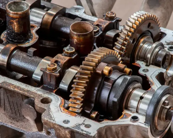 Mechanizm zmienne fazy rozrządu w silniku, z widocznymi wałkami, kołami zębatymi i śladami oleju.