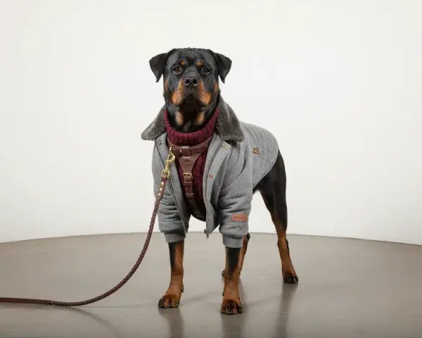 Rottweiler con maglione bordeaux e giacca trapuntata grigia, mostrando diversi tipi di vestiti nomi per cani.