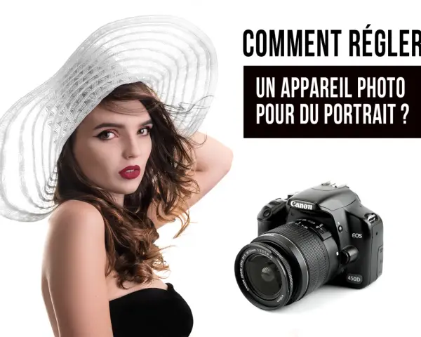 Une femme en grand chapeau blanc, un appareil photo Canon EOS 450D. Comment régler un appareil photo pour du portrait ?