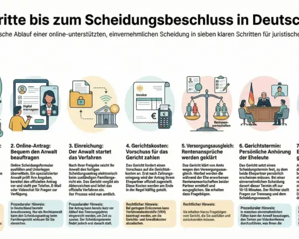 7 Schritte zur Scheidung: Trennungsjahr, Online-Antrag, Einreichung, Kosten, Versorgungsausgleich, Anhörung, Beschluss. Scheidungstermin verschieben ist nicht Teil des Prozesses.