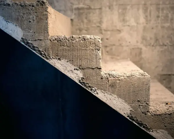 Surowe, betonowe schody z widocznymi nierównościami i siatką zbrojeniową.