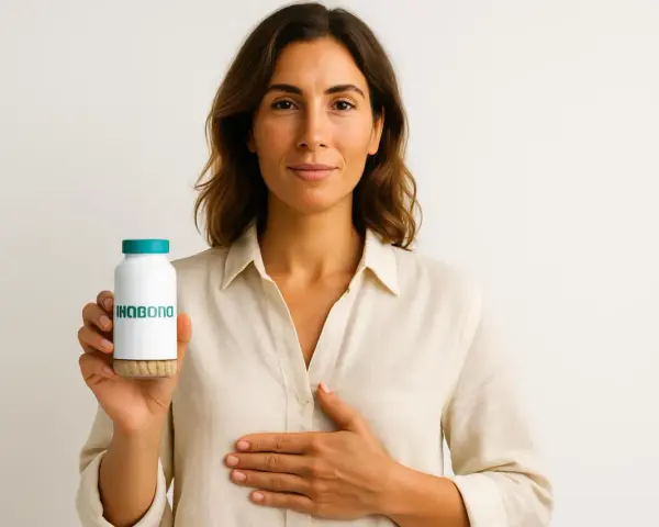 Donna con flacone di probiotici, per capire a cosa servono i probiotici per il benessere intestinale.