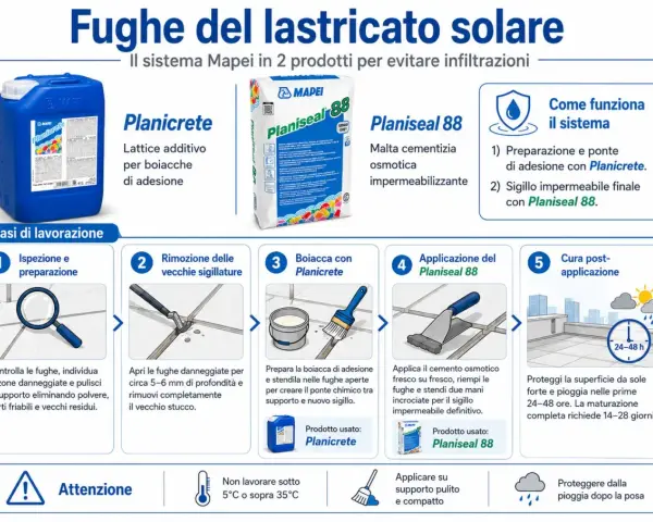 Sistema Mapei per fughe lastricato solare: Planicrete per adesione, Planiseal 88 per sigillo impermeabile. Guida alle fasi di lavorazione.