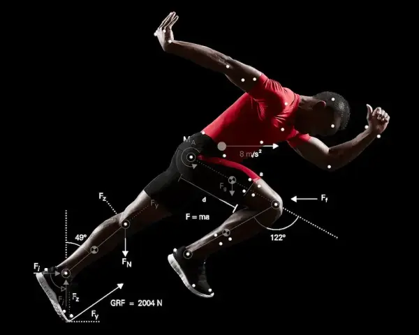 Biegacz w ruchu, z naniesionymi wektorami sił i oznaczeniami, ilustrującymi biomechanikę w sporcie.
