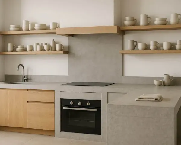 Progetto cucina in muratura moderna con pensili in legno, piano in resina e forno a incasso.
