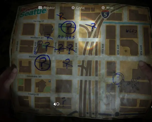 Mapa Seattle z zaznaczonymi punktami i notatkami, pomocna w grze The Last of Us 2 poradnik.