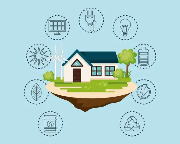 Casa con molino eólico y solar, rodeada de iconos que ilustran los pros y contras de las energías renovables: sol, hoja, barril, reciclaje, rayo, batería, bombilla y enchufe.