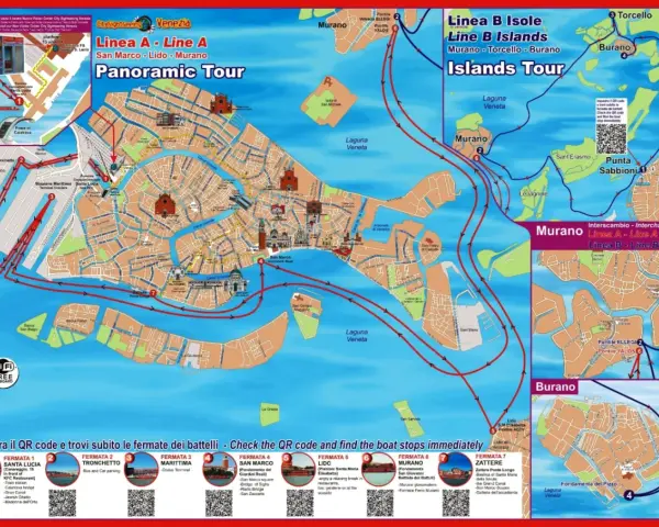 Mappa di Venezia con itinerari hop on hop off: Linea A (San Marco-Lido-Murano) e Linea B (Murano-Torcello-Burano).