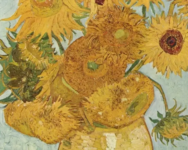 Un bouquet de tournesols éclatants dans un vase, œuvre d'un peintre post impressionniste. Les textures vibrantes et les couleurs chaudes évoquent la lumière du sud.