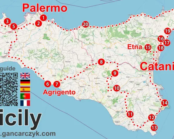 Mapa Sycylii z zaznaczoną trasą podróży po Europie. Punkty od 1 do 20 pokazują ciekawe miejsca.